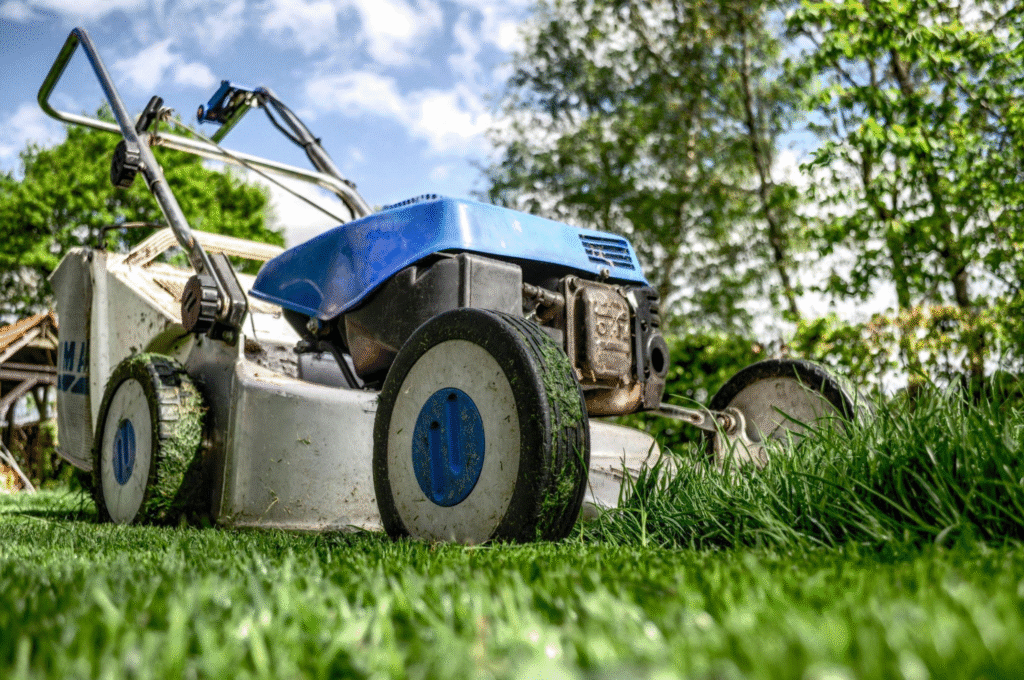 A blue lawnmower positioned on freshly mowed grass