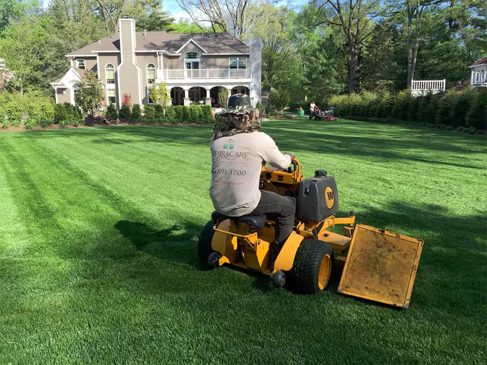 Landscaper operating a machine while working in a garden planting area
